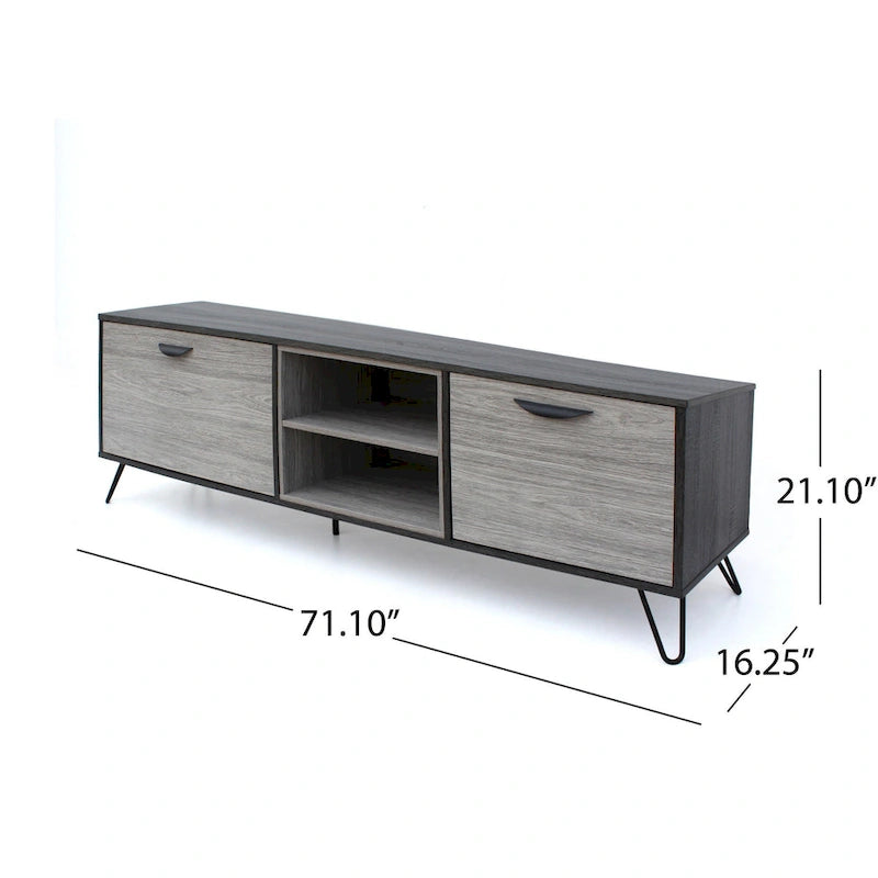 Meuble console TV multimédia, 2 étagères, gris 71 pouces