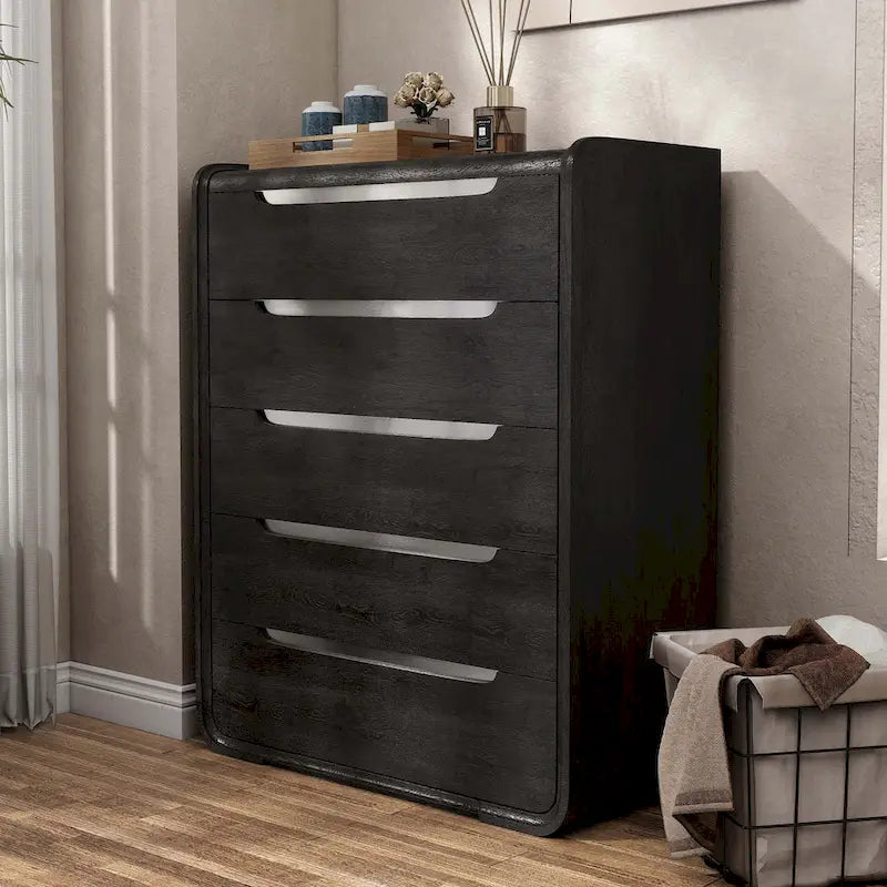 Commode à 5 tiroirs en bois massif moderne – Chiffonnier et meuble de rangement pour chambre à coucher