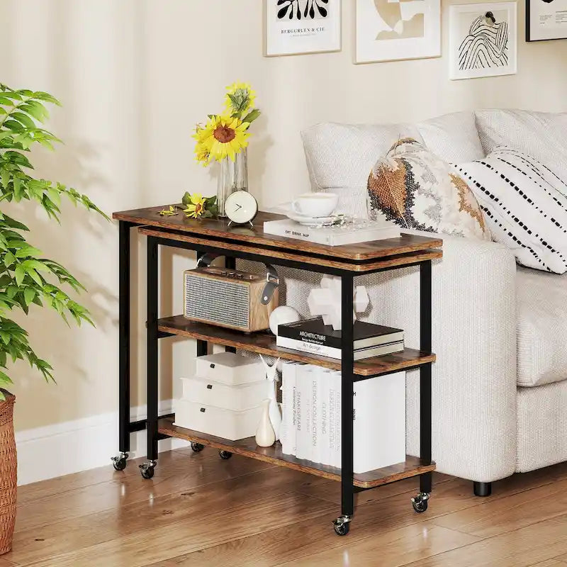 Table d'appoint de canapé en L rotative à 360° avec roulettes et étagère de rangement