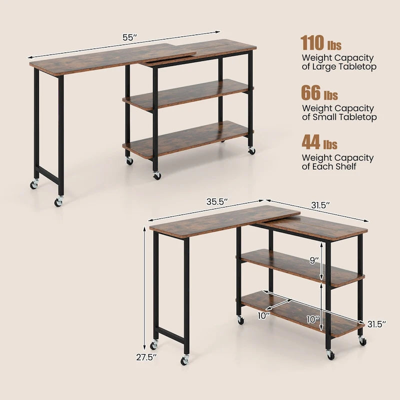 Table d'appoint de canapé en L rotative à 360° avec roulettes et étagère de rangement