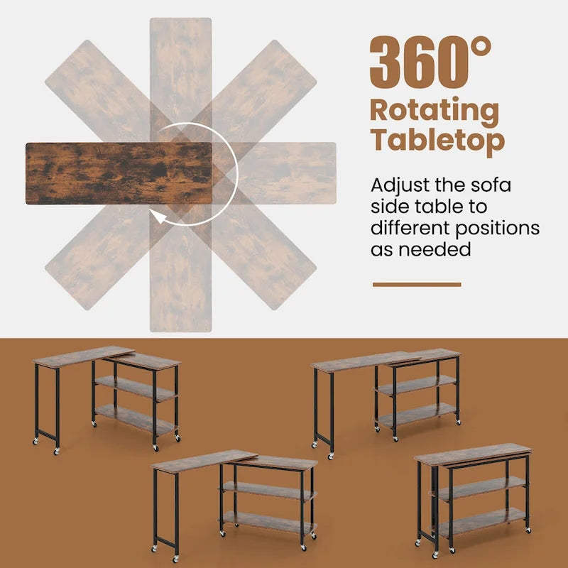 Table d'appoint de canapé en L rotative à 360° avec roulettes et étagère de rangement
