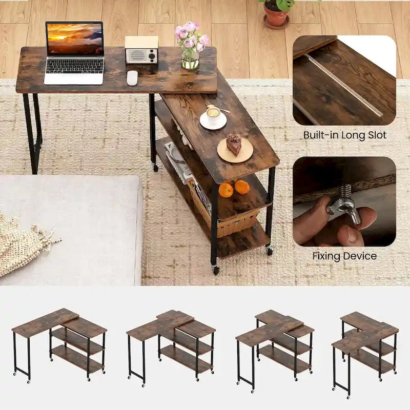 Table d'appoint de canapé en L rotative à 360° avec roulettes et étagère de rangement