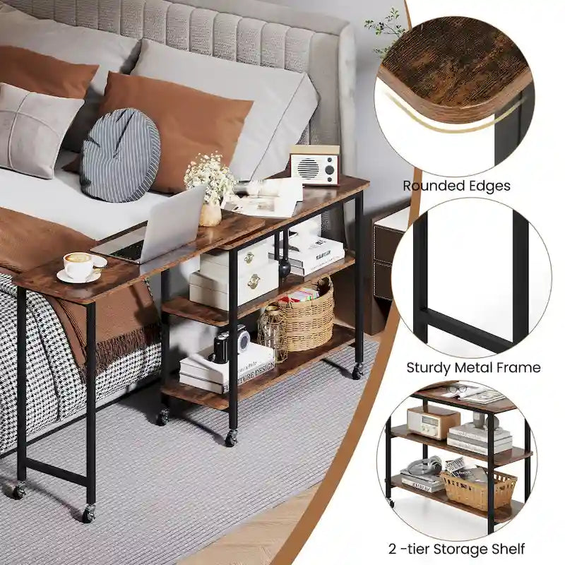 Table d'appoint de canapé en L rotative à 360° avec roulettes et étagère de rangement
