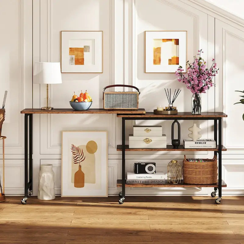 Table d'appoint de canapé en L rotative à 360° avec roulettes et étagère de rangement