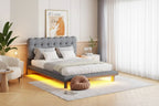 Velvet Upholstered Platform Bed Frame with LED Light & Biscuit Headboard
