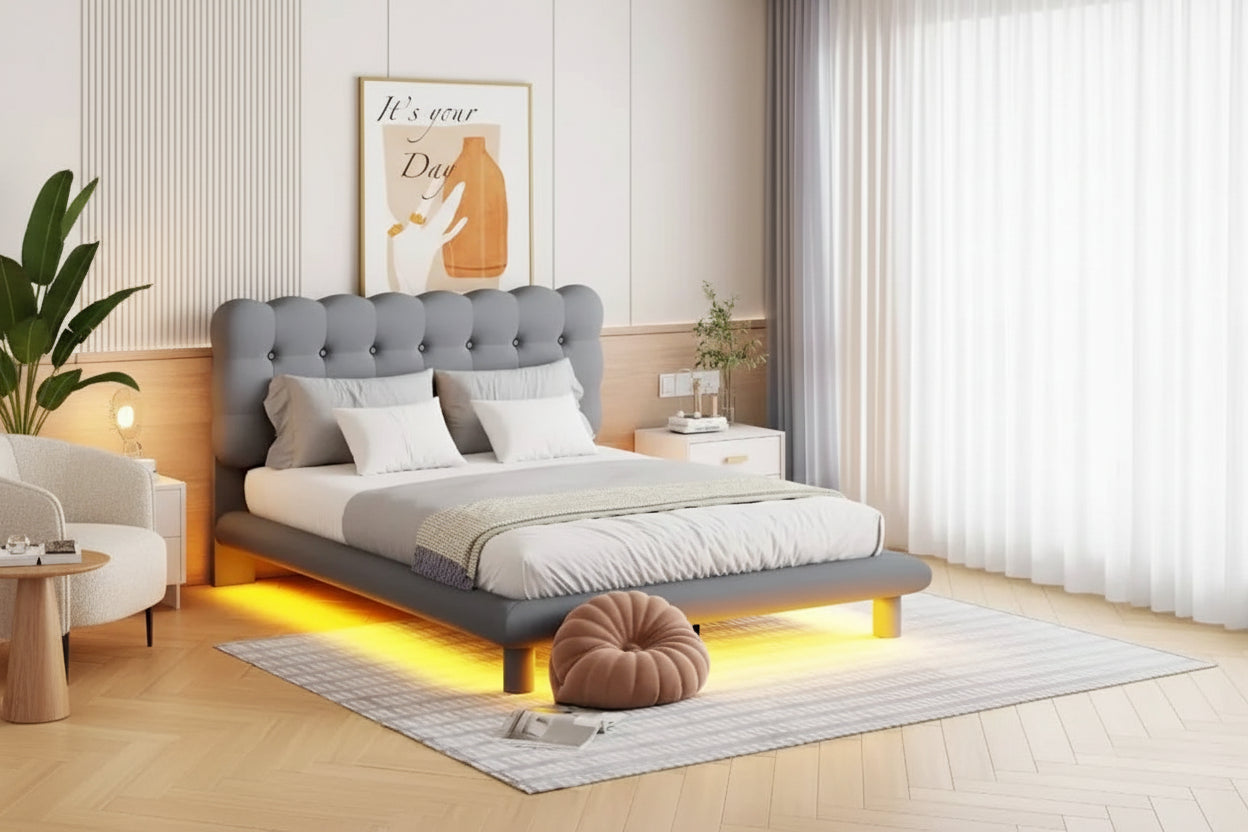 Velvet Upholstered Platform Bed Frame with LED Light & Biscuit Headboard