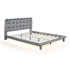 Cadre de lit plateforme capitonné en velours avec éclairage LED et tête de lit capitonnée
