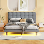 Cadre de lit plateforme capitonné en velours avec éclairage LED et tête de lit capitonnée