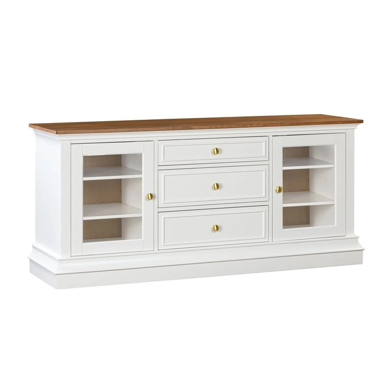 Console TV bicolore avec portes en verre et étagères réglables