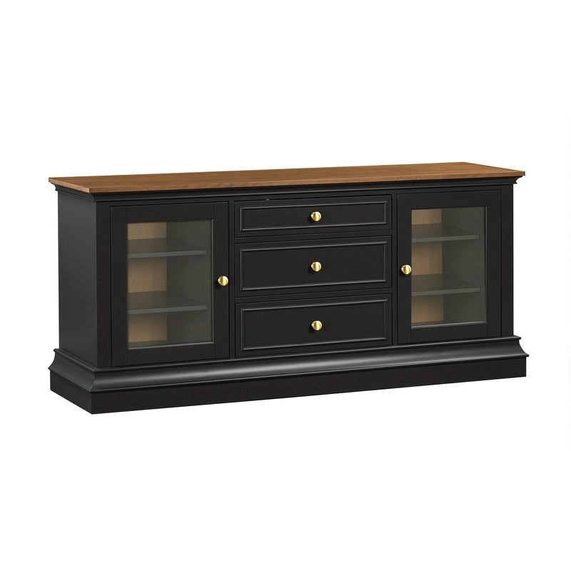 Console TV bicolore avec portes en verre et étagères réglables
