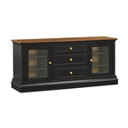 Console TV bicolore avec portes en verre et étagères réglables