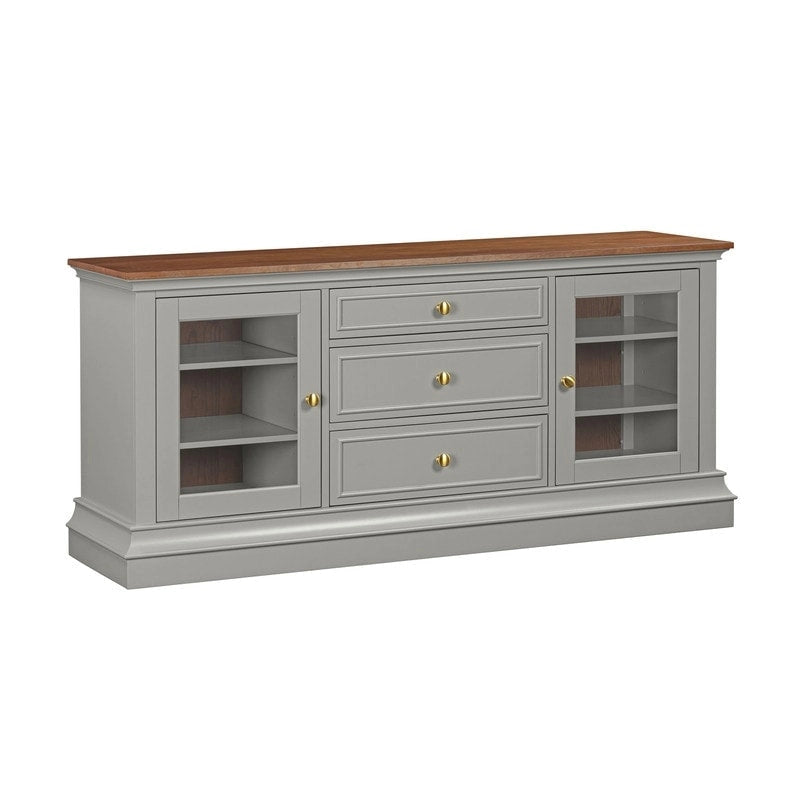 Console TV bicolore avec portes en verre et étagères réglables