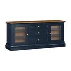 Console TV bicolore avec portes en verre et étagères réglables