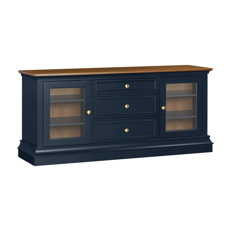Console TV bicolore avec portes en verre et étagères réglables