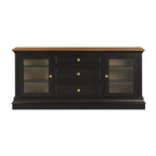 Console TV bicolore avec portes en verre et étagères réglables