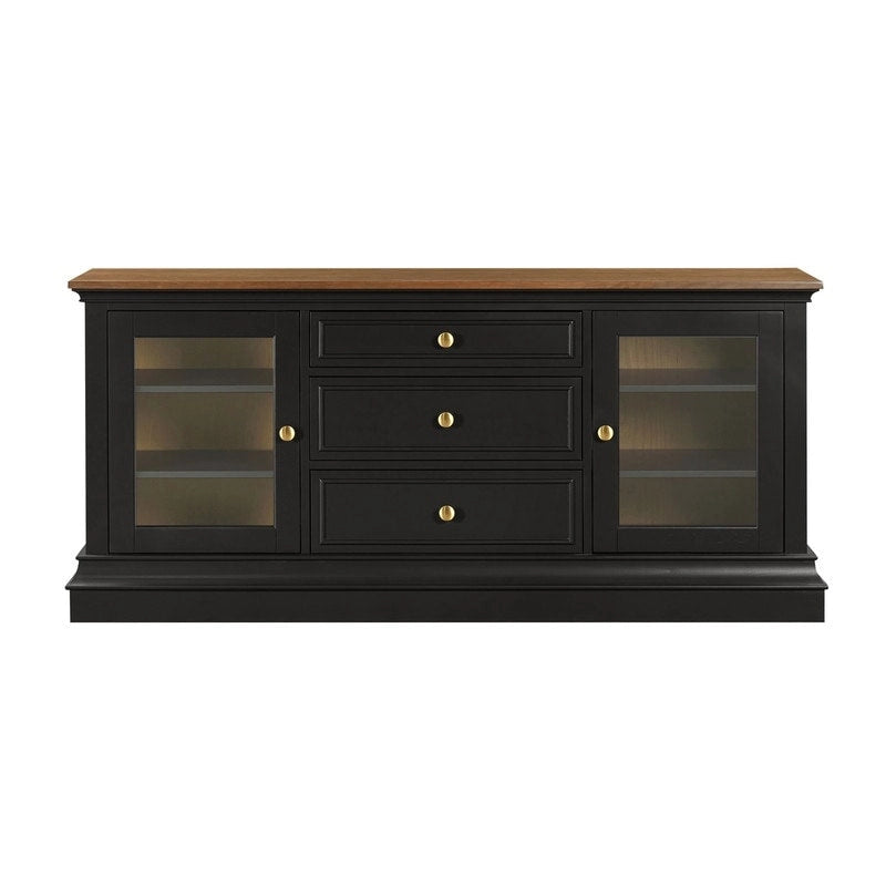 Console TV bicolore avec portes en verre et étagères réglables