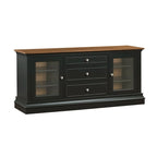 Console TV bicolore avec portes en verre et étagères réglables