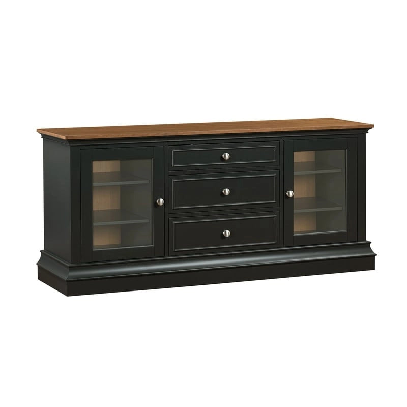 Console TV bicolore avec portes en verre et étagères réglables