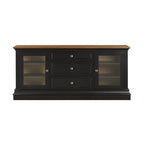Console TV bicolore avec portes en verre et étagères réglables