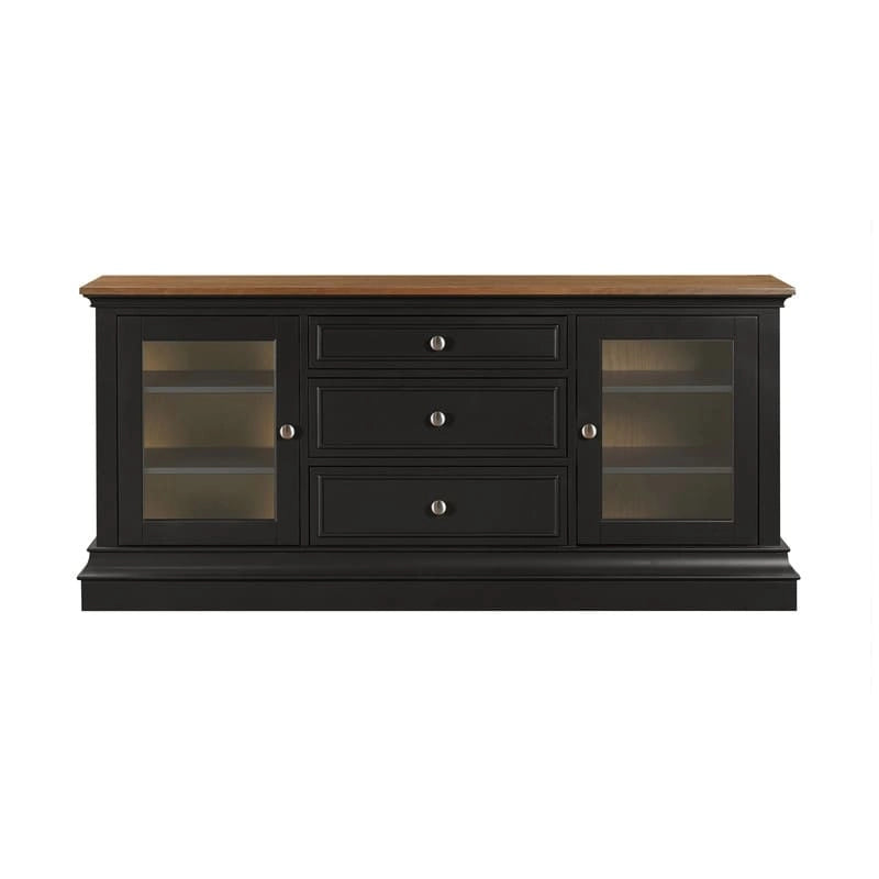 Console TV bicolore avec portes en verre et étagères réglables
