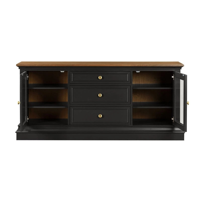 Console TV bicolore avec portes en verre et étagères réglables