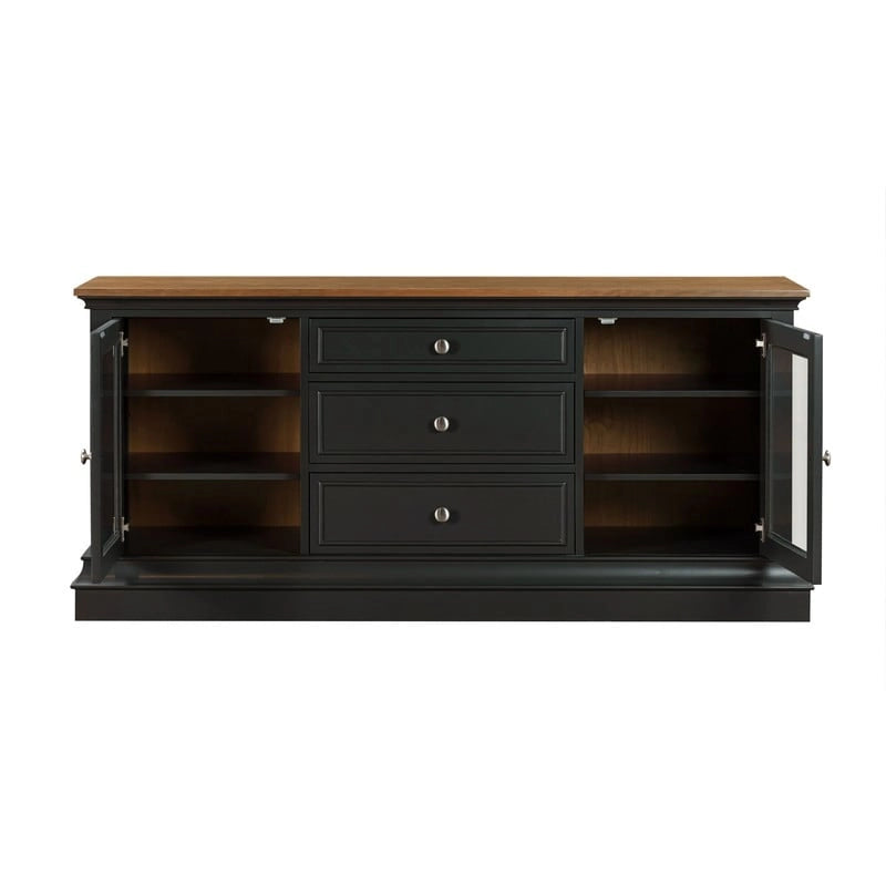 Console TV bicolore avec portes en verre et étagères réglables
