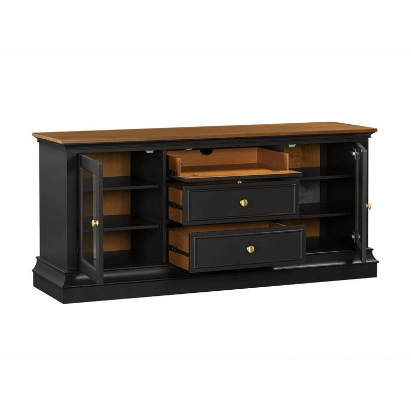 Console TV bicolore avec portes en verre et étagères réglables