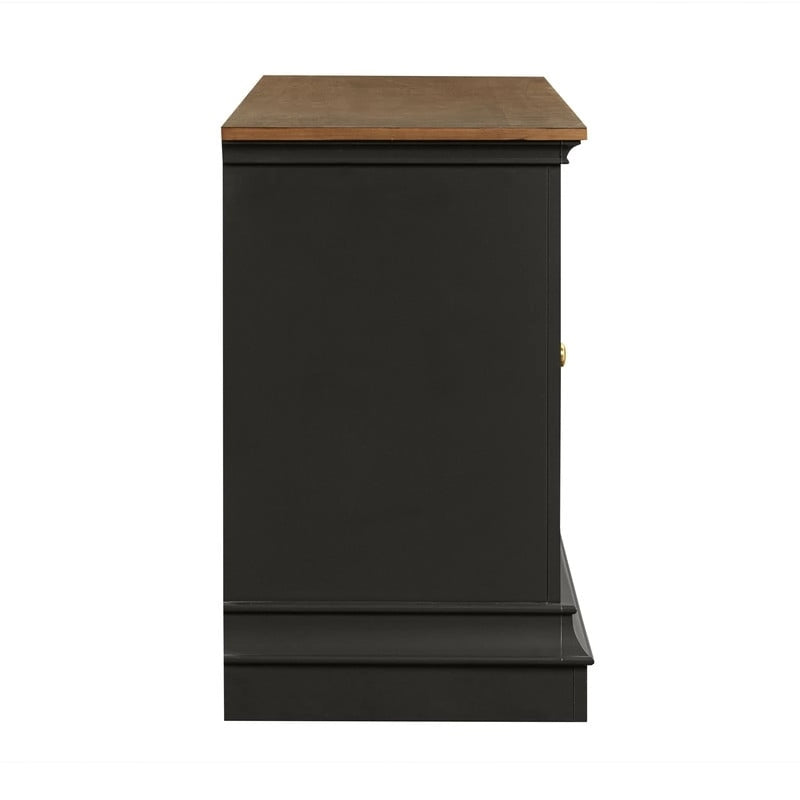 Console TV bicolore avec portes en verre et étagères réglables