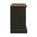 Console TV bicolore avec portes en verre et étagères réglables