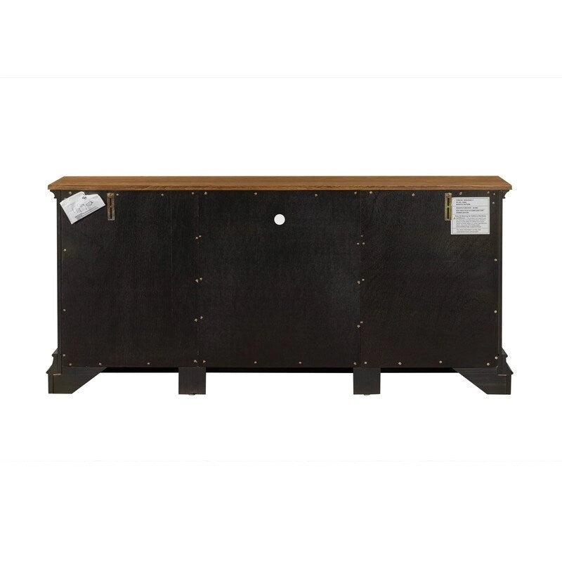 Console TV bicolore avec portes en verre et étagères réglables
