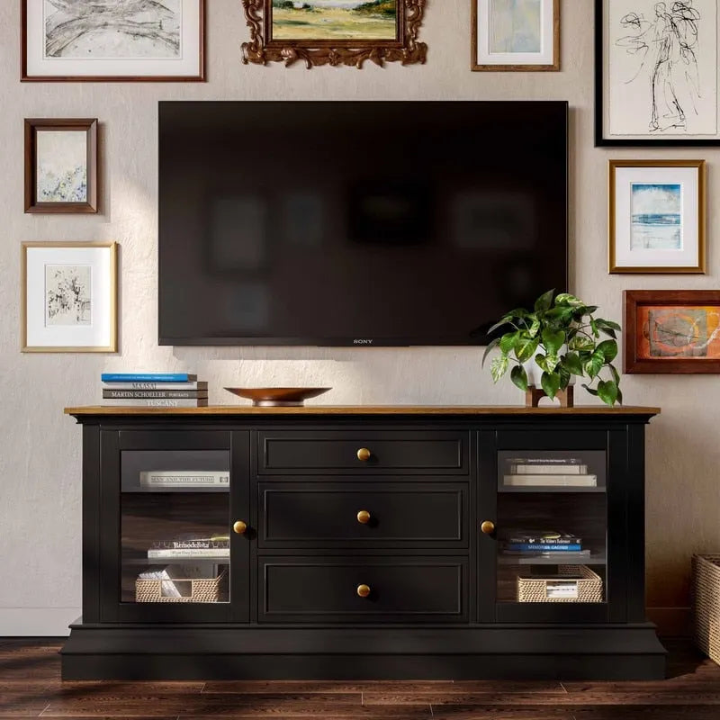 Console TV bicolore avec portes en verre et étagères réglables