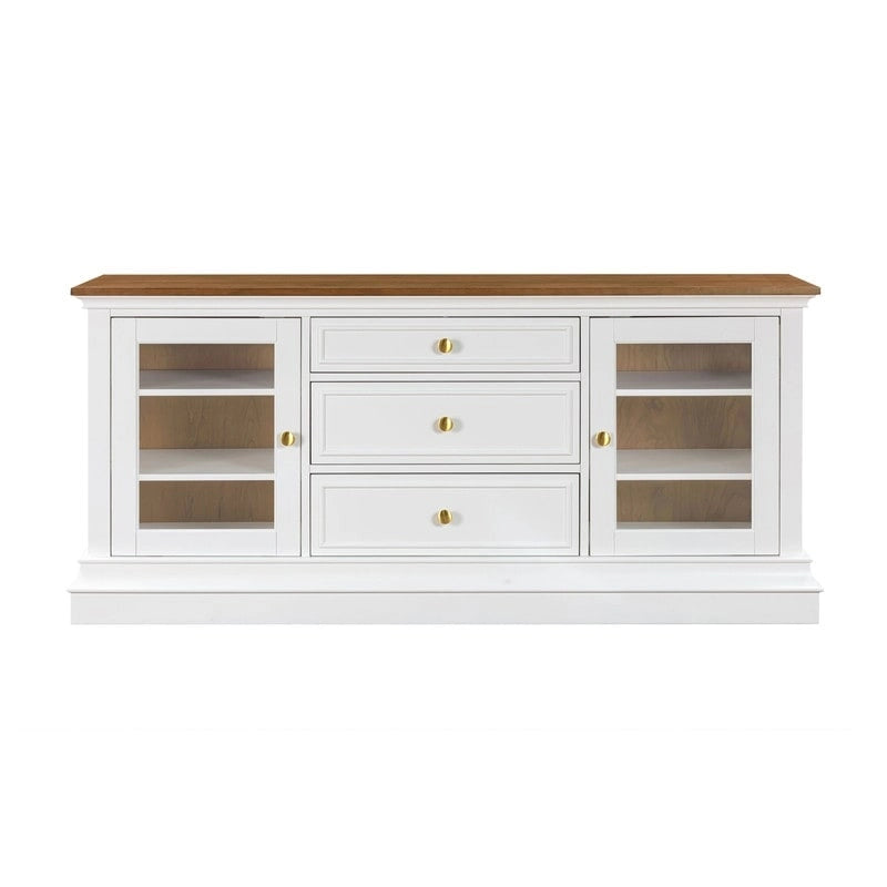 Console TV bicolore avec portes en verre et étagères réglables