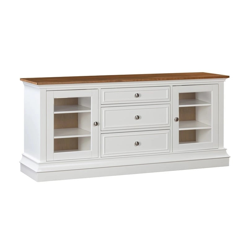 Console TV bicolore avec portes en verre et étagères réglables