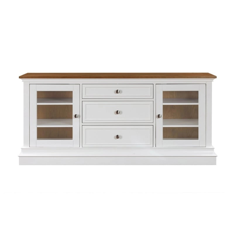 Console TV bicolore avec portes en verre et étagères réglables