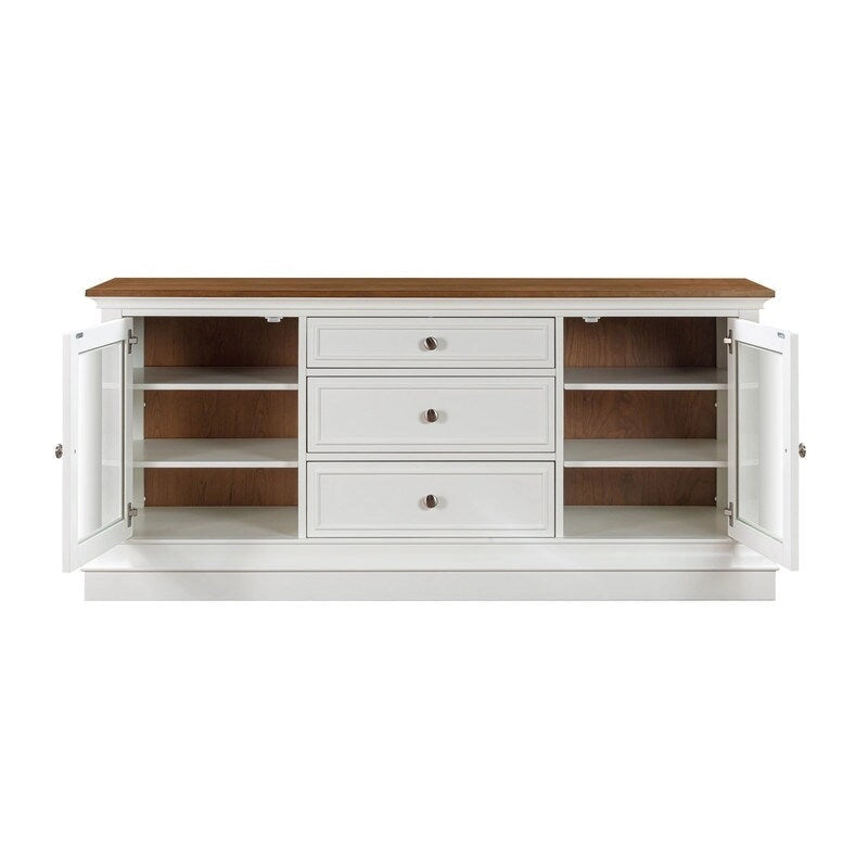 Console TV bicolore avec portes en verre et étagères réglables