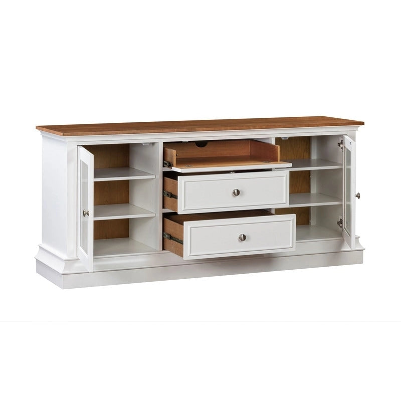 Console TV bicolore avec portes en verre et étagères réglables