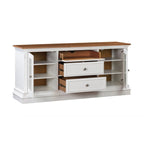 Console TV bicolore avec portes en verre et étagères réglables