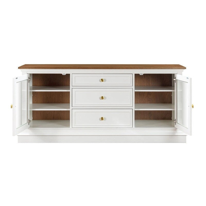 Console TV bicolore avec portes en verre et étagères réglables