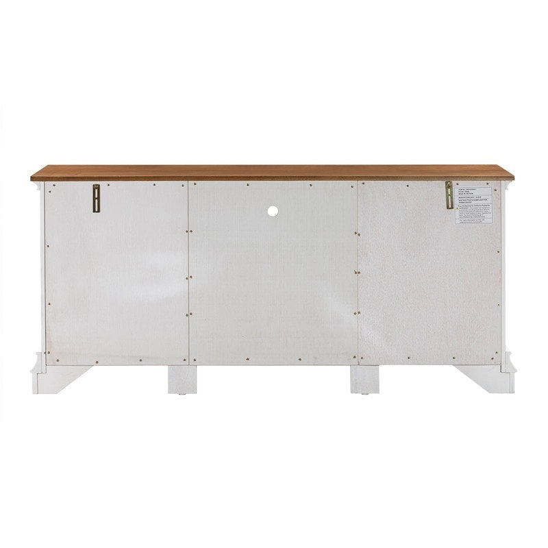 Console TV bicolore avec portes en verre et étagères réglables