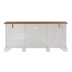 Console TV bicolore avec portes en verre et étagères réglables