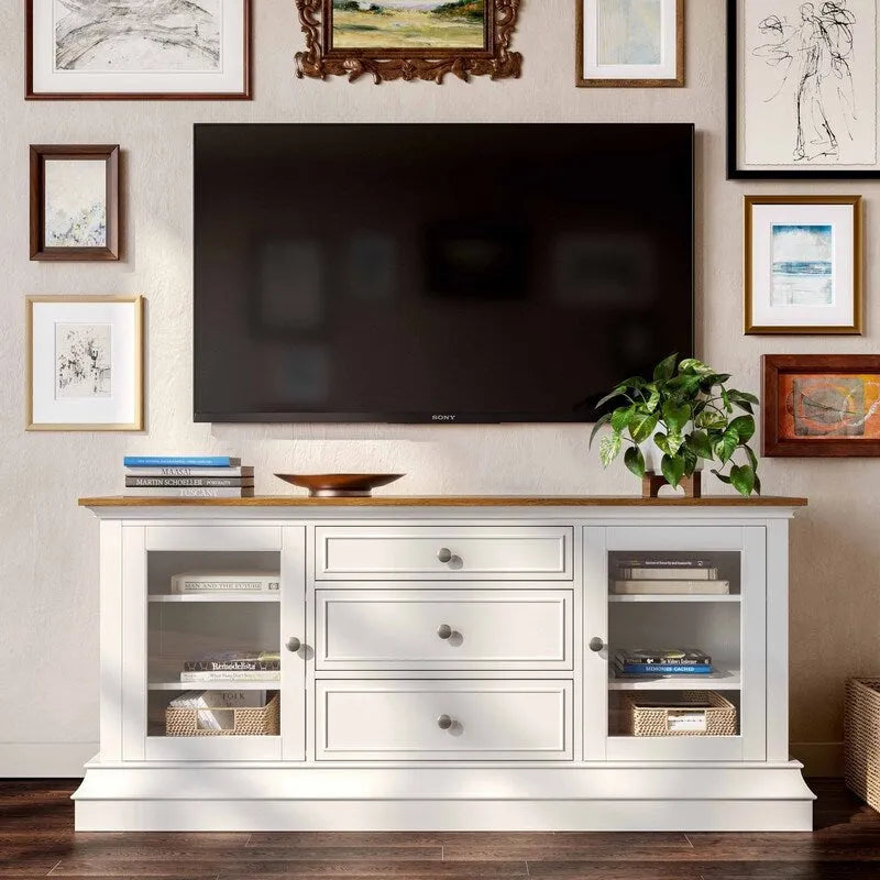 Console TV bicolore avec portes en verre et étagères réglables