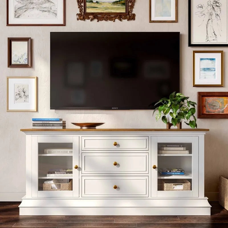 Console TV bicolore avec portes en verre et étagères réglables