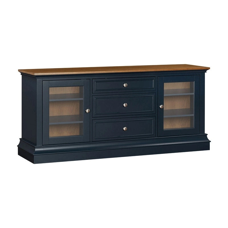 Console TV bicolore avec portes en verre et étagères réglables