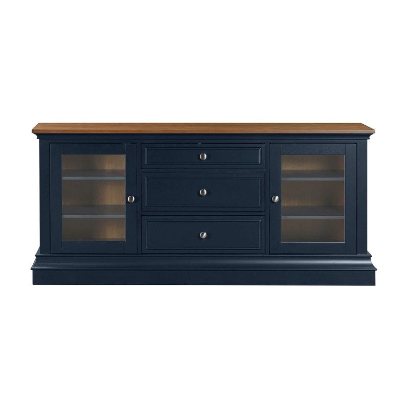 Console TV bicolore avec portes en verre et étagères réglables