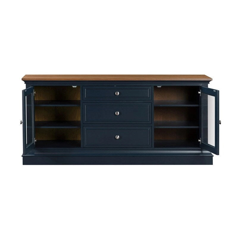 Console TV bicolore avec portes en verre et étagères réglables