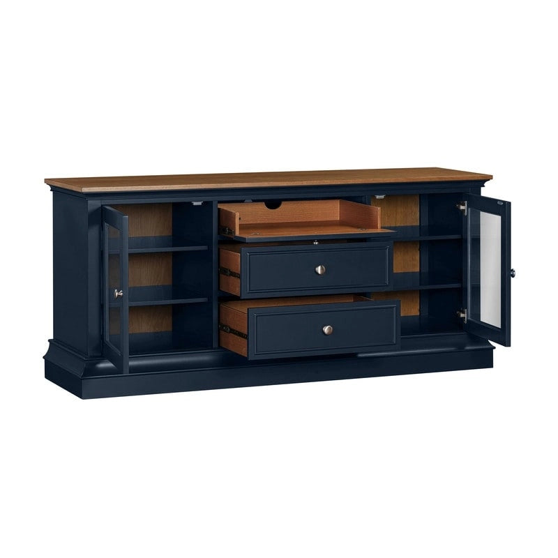 Console TV bicolore avec portes en verre et étagères réglables