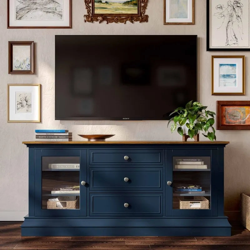 Console TV bicolore avec portes en verre et étagères réglables