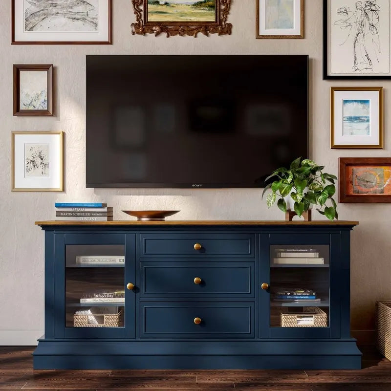 Console TV bicolore avec portes en verre et étagères réglables