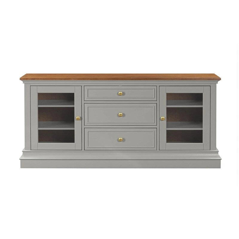 Console TV bicolore avec portes en verre et étagères réglables