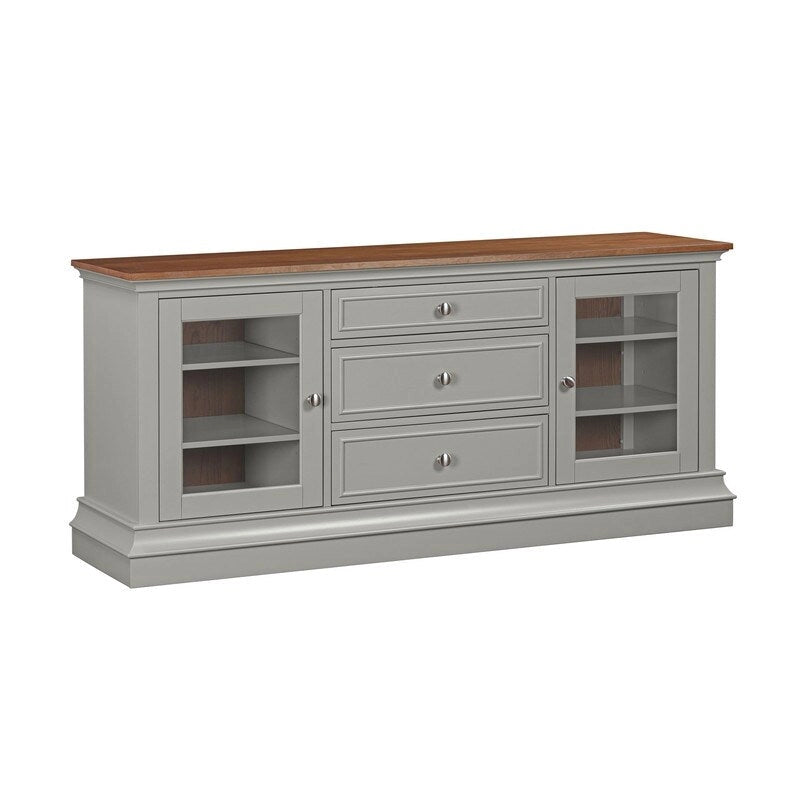 Console TV bicolore avec portes en verre et étagères réglables